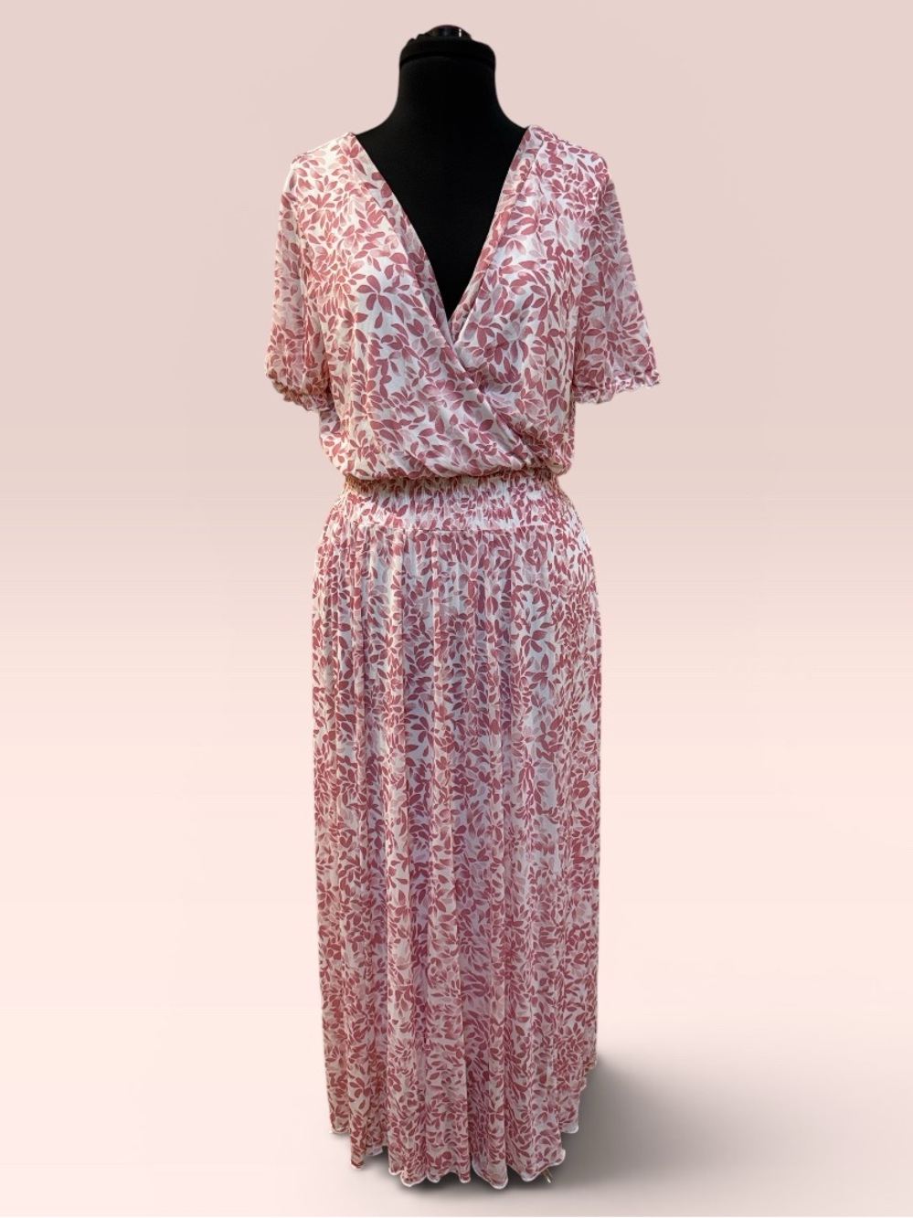 Pink Floral Surplice Maxi Dress with Elastic Waist